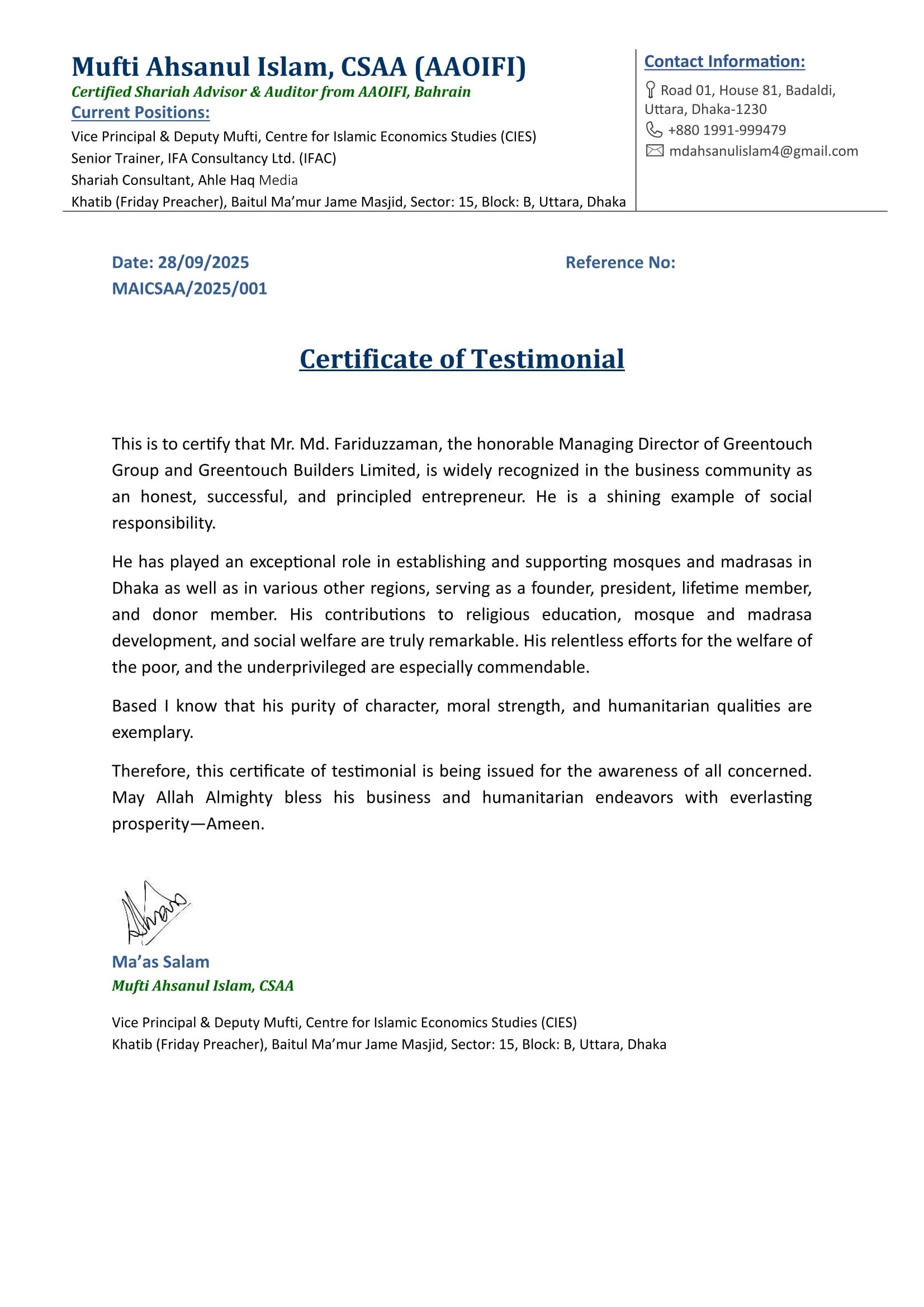 Letter of appreciation from Mufti Ahsanul Islam, CSAA